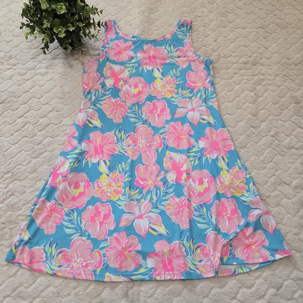 Simply Southern Blue & Pink Floral Sleeveless Girls Dress, Size Youth Medium